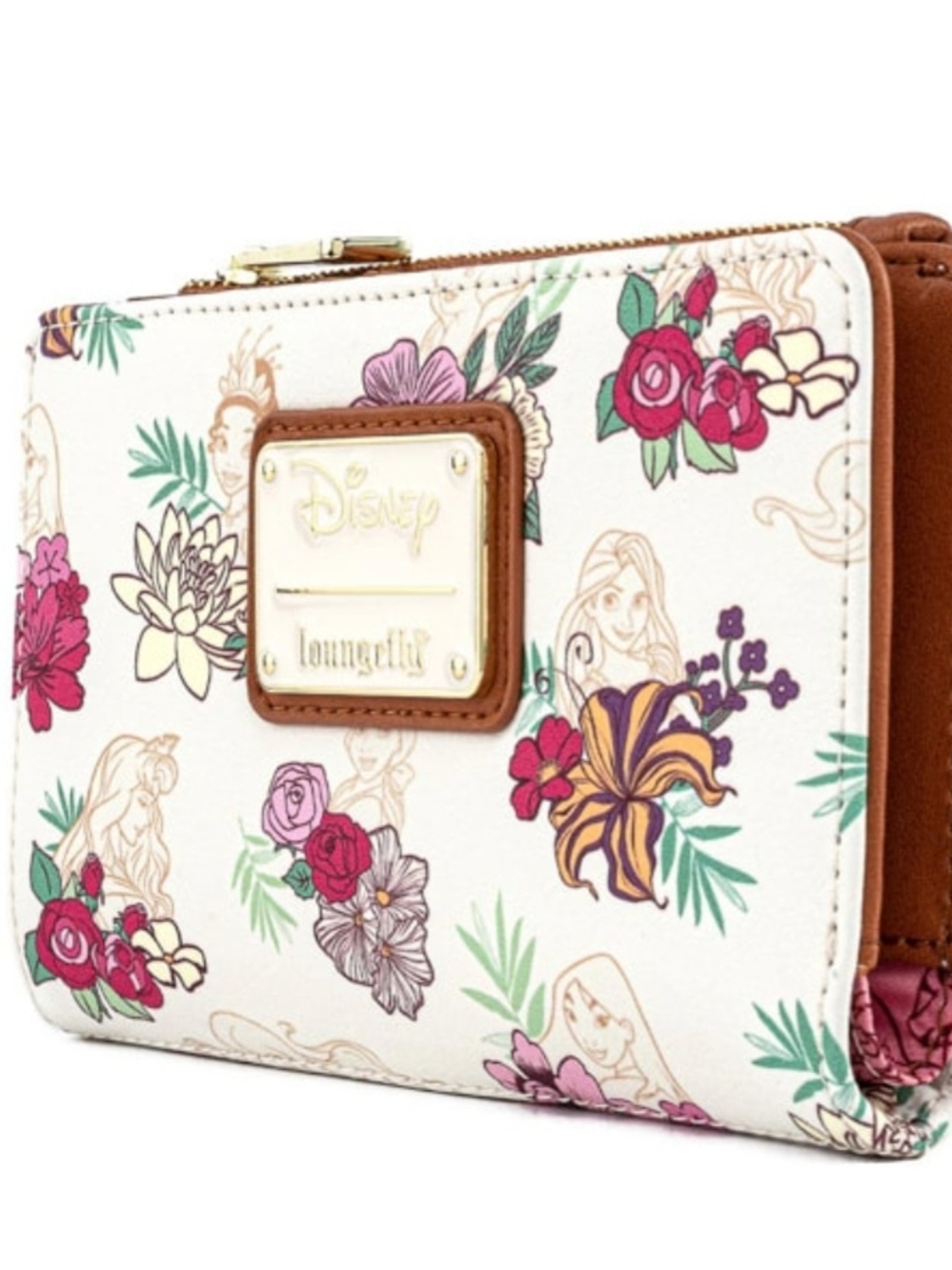 Loungefly White Floral Disney Princess Zip Wallet with Gold Plaque - Picture 5 of 5